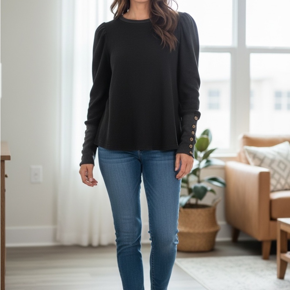 SHEIN Black Long Sleeve Top with Working Button Detail - Picture 2 of 7